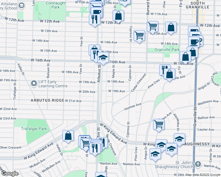 map of restaurants, bars, coffee shops, grocery stores, and more near 3455 Maple Street in Vancouver