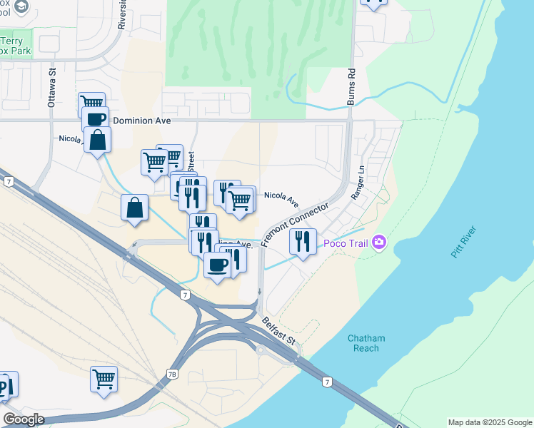 map of restaurants, bars, coffee shops, grocery stores, and more near 573 Sherling Place in Port Coquitlam