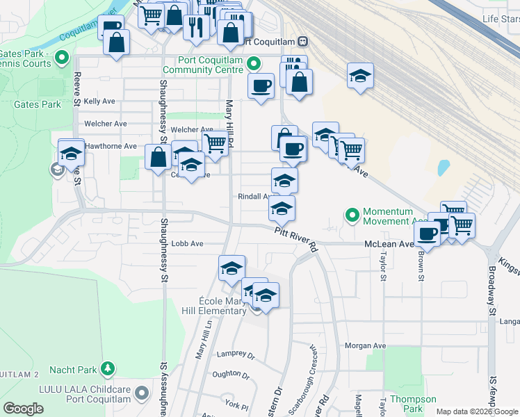 map of restaurants, bars, coffee shops, grocery stores, and more near 2150 Rindall Avenue in Port Coquitlam