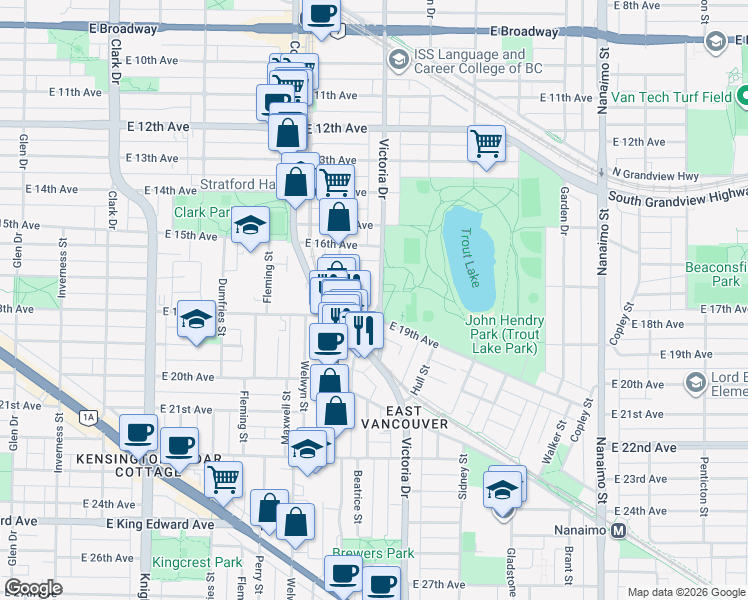 map of restaurants, bars, coffee shops, grocery stores, and more near 3393 Victoria Drive in Vancouver