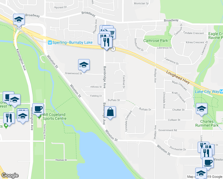 map of restaurants, bars, coffee shops, grocery stores, and more near 3355 Cardinal Drive in Burnaby