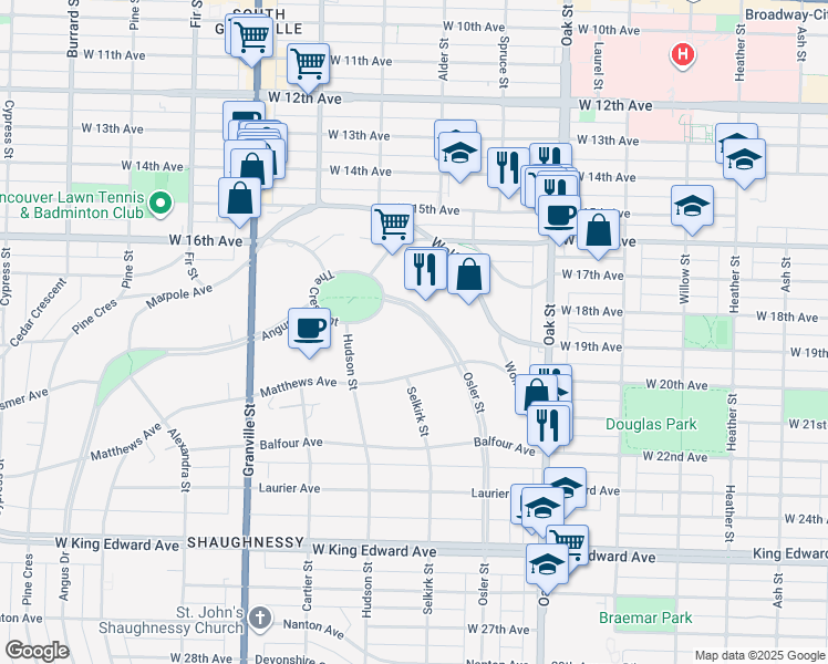 map of restaurants, bars, coffee shops, grocery stores, and more near 3445 Osler Street in Vancouver