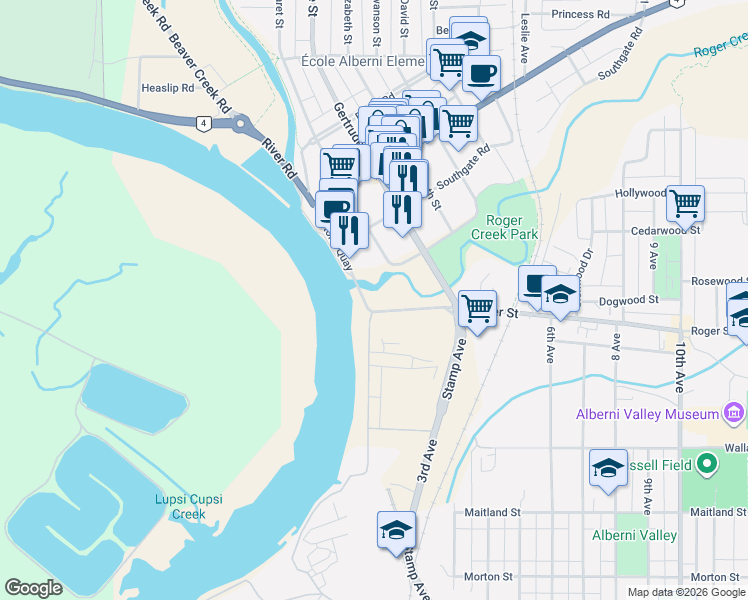 map of restaurants, bars, coffee shops, grocery stores, and more near 4422 Margaret Street in Port Alberni