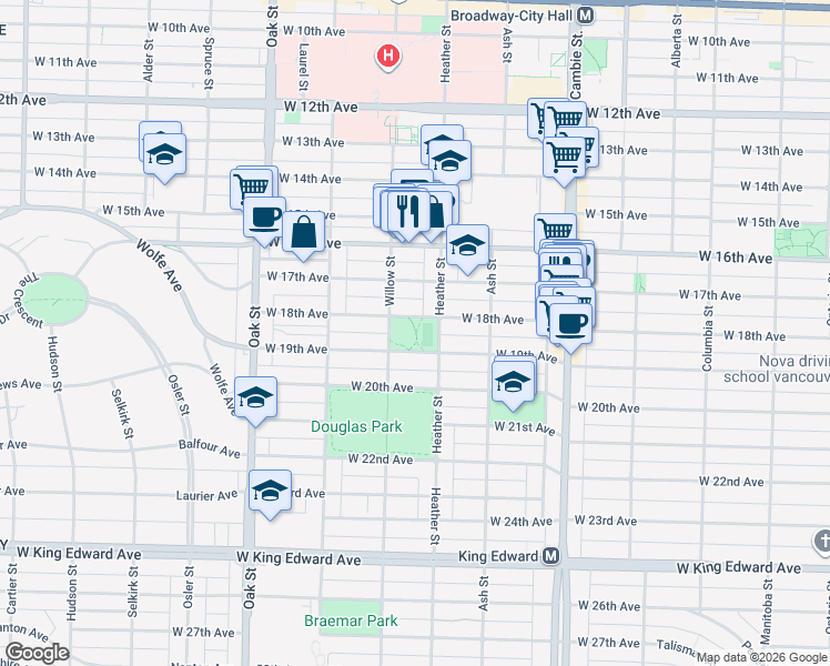 map of restaurants, bars, coffee shops, grocery stores, and more near 717 West 18th Avenue in Vancouver