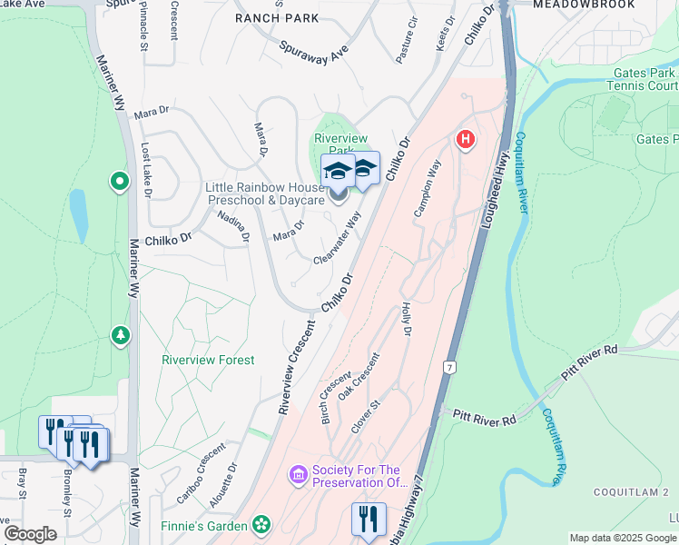 map of restaurants, bars, coffee shops, grocery stores, and more near 2982 Christina Place in Coquitlam