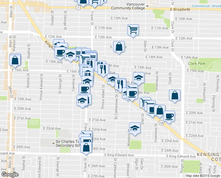 map of restaurants, bars, coffee shops, grocery stores, and more near in Vancouver