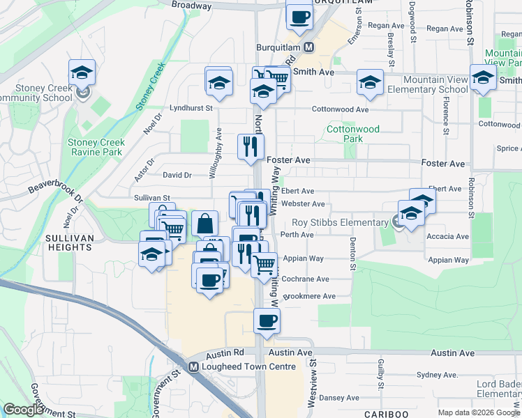 map of restaurants, bars, coffee shops, grocery stores, and more near 615 North Road in Coquitlam