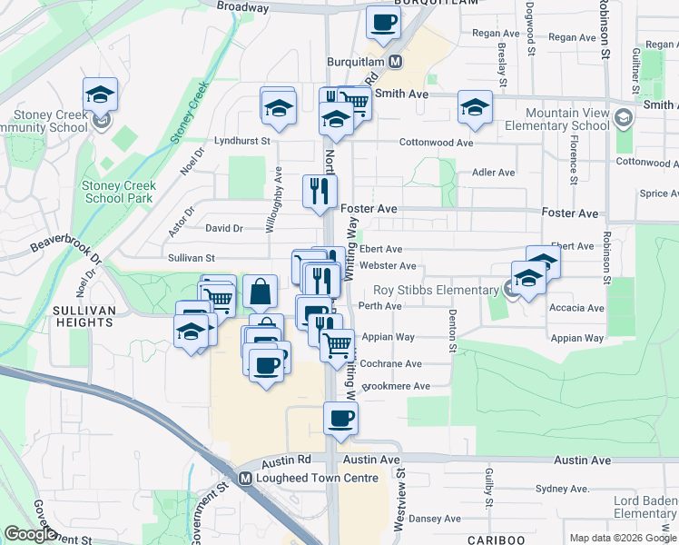 map of restaurants, bars, coffee shops, grocery stores, and more near 515 Ebert Avenue in Coquitlam