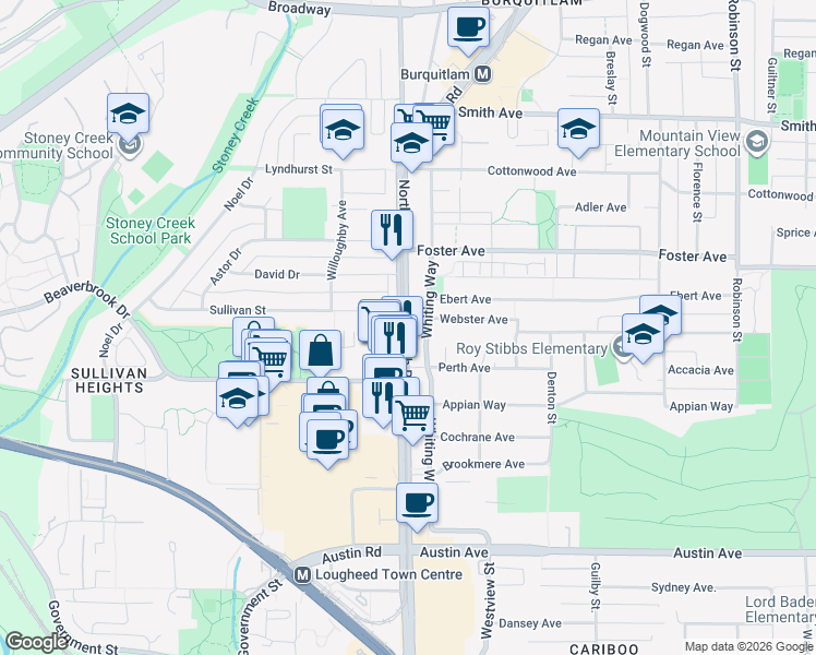 map of restaurants, bars, coffee shops, grocery stores, and more near 9989 Sullivan Street in Burnaby