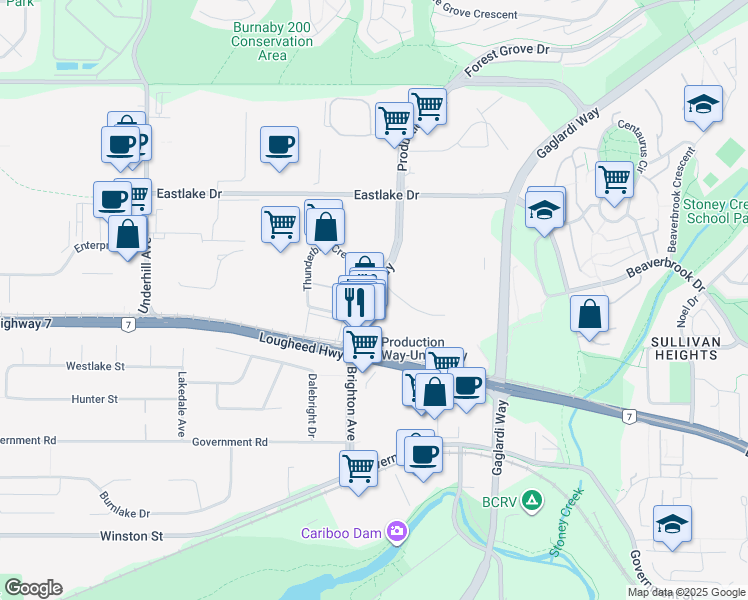 map of restaurants, bars, coffee shops, grocery stores, and more near Production Way in Burnaby