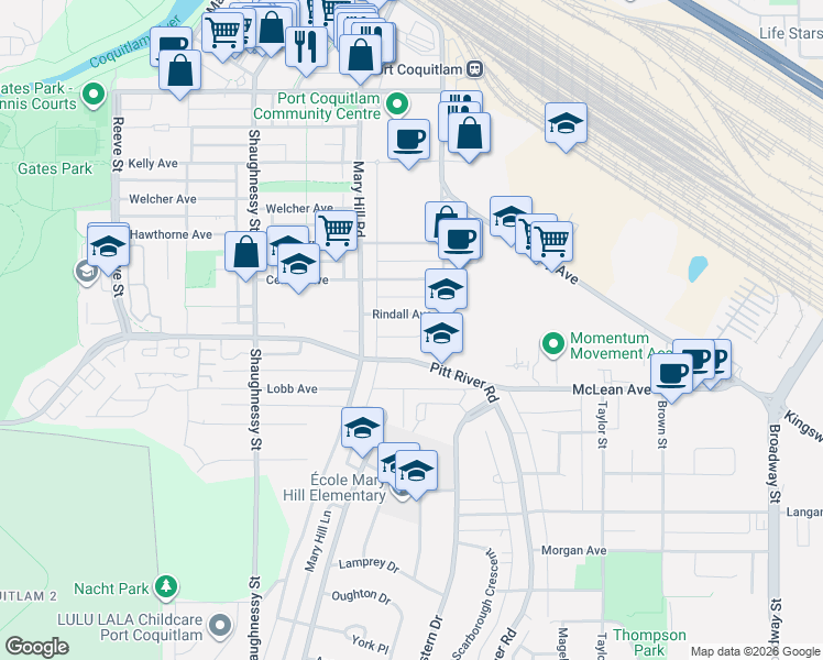 map of restaurants, bars, coffee shops, grocery stores, and more near 2150 Rindall Avenue in Port Coquitlam