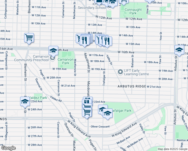 map of restaurants, bars, coffee shops, grocery stores, and more near 2755 West 20th Avenue in Vancouver