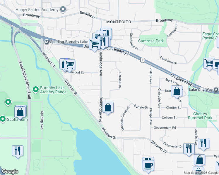 map of restaurants, bars, coffee shops, grocery stores, and more near 7139 Cardinal Court in Burnaby