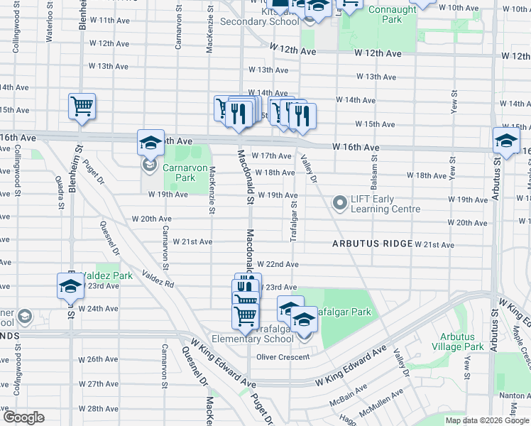 map of restaurants, bars, coffee shops, grocery stores, and more near 2755 West 20th Avenue in Vancouver