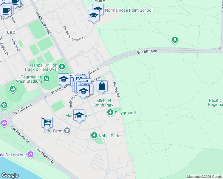 map of restaurants, bars, coffee shops, grocery stores, and more near 5629 Birney Avenue in University Endowment Lands