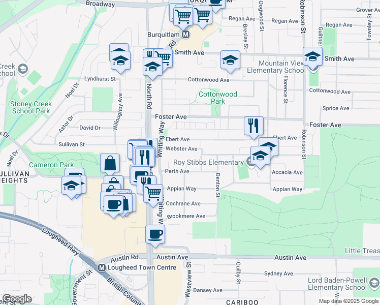 map of restaurants, bars, coffee shops, grocery stores, and more near 540 Webster Avenue in Coquitlam