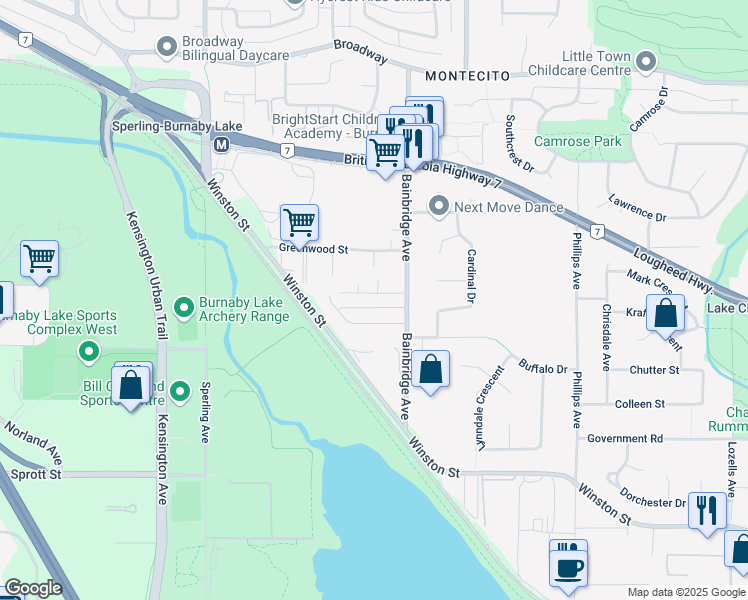 map of restaurants, bars, coffee shops, grocery stores, and more near 7056 Hillview Street in Burnaby
