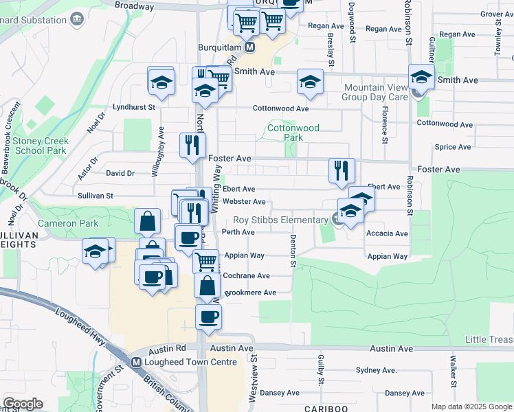 map of restaurants, bars, coffee shops, grocery stores, and more near 540 Webster Avenue in Coquitlam
