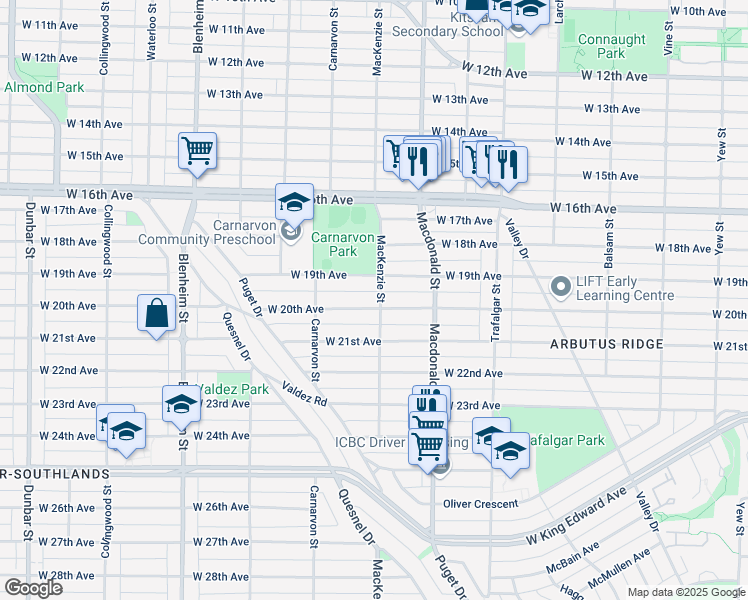 map of restaurants, bars, coffee shops, grocery stores, and more near 3593 Mackenzie Street in Vancouver