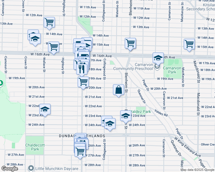 map of restaurants, bars, coffee shops, grocery stores, and more near 3477 West 20th Avenue in Vancouver