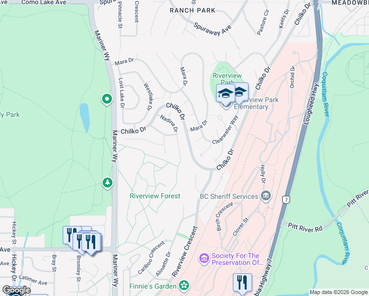 map of restaurants, bars, coffee shops, grocery stores, and more near 2765 Nadina Drive in Coquitlam