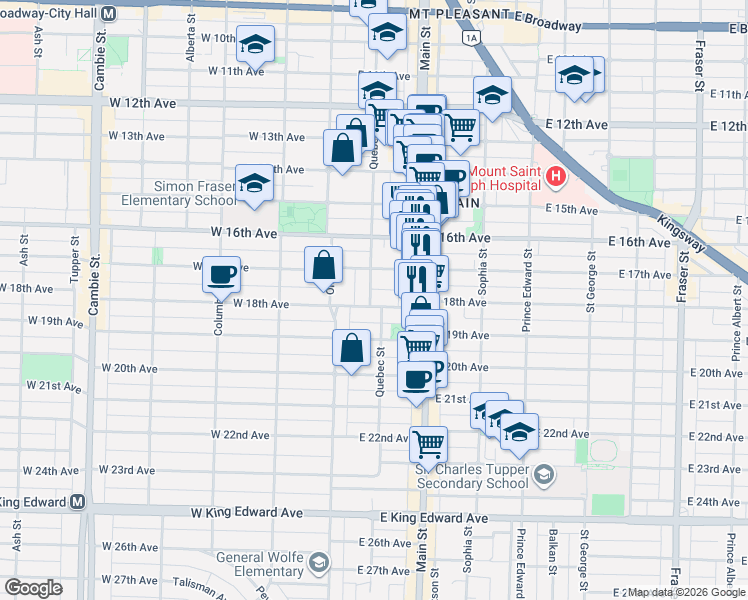 map of restaurants, bars, coffee shops, grocery stores, and more near 111 East 18th Avenue in Vancouver