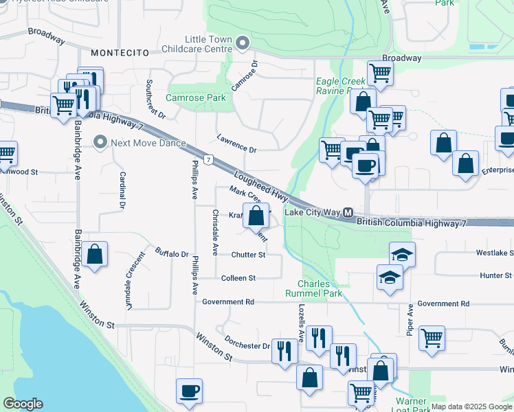 map of restaurants, bars, coffee shops, grocery stores, and more near 7522 Mark Crescent in Burnaby