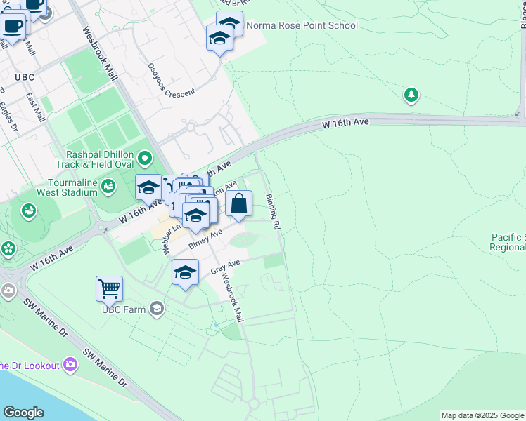 map of restaurants, bars, coffee shops, grocery stores, and more near 5629 Birney Avenue in University Endowment Lands