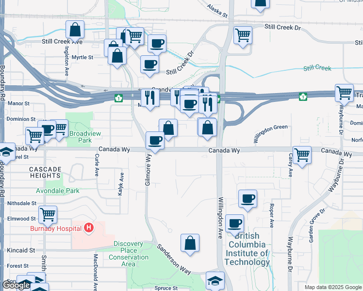 map of restaurants, bars, coffee shops, grocery stores, and more near in Burnaby