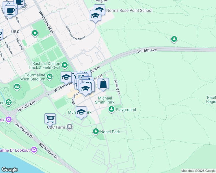 map of restaurants, bars, coffee shops, grocery stores, and more near 5681 Birney Avenue in University Endowment Lands