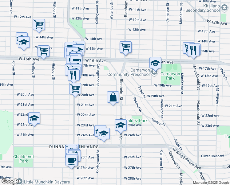map of restaurants, bars, coffee shops, grocery stores, and more near 3555 Quadra Street in Vancouver