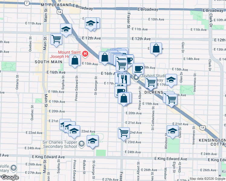 map of restaurants, bars, coffee shops, grocery stores, and more near 629 East 18th Avenue in Vancouver