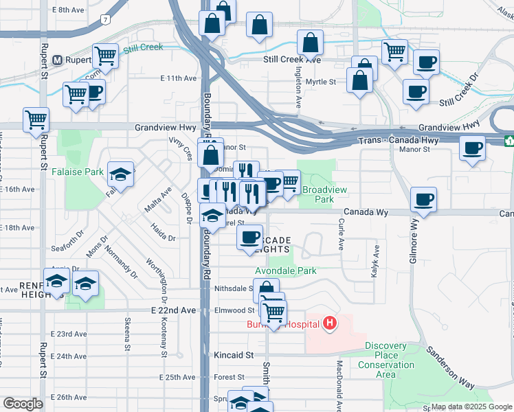 map of restaurants, bars, coffee shops, grocery stores, and more near 3787 Canada Way in Burnaby