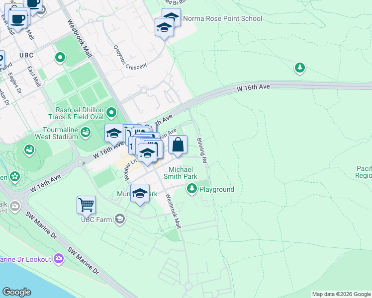 map of restaurants, bars, coffee shops, grocery stores, and more near 5728 Berton Avenue in Vancouver