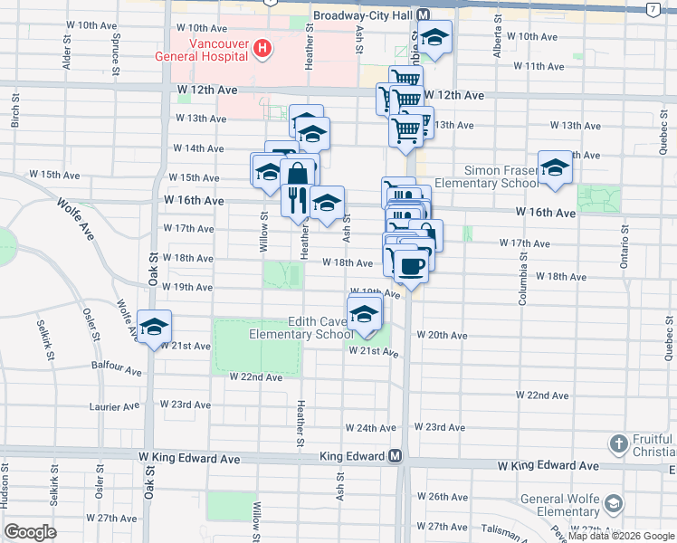 map of restaurants, bars, coffee shops, grocery stores, and more near 3415 Ash Street in Vancouver