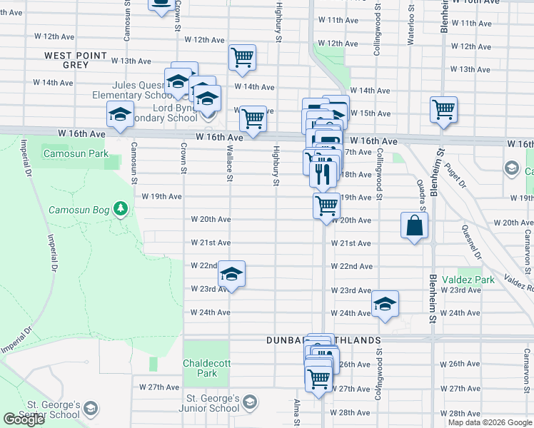 map of restaurants, bars, coffee shops, grocery stores, and more near 3815 West 20th Avenue in Vancouver