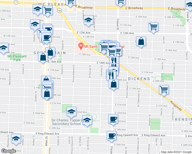 map of restaurants, bars, coffee shops, grocery stores, and more near 555 East 18th Avenue in Vancouver