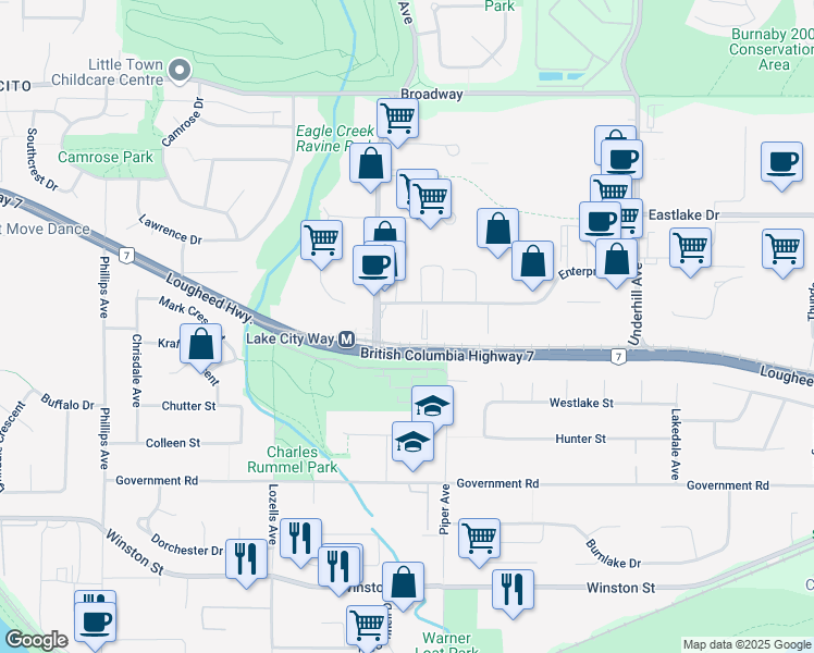 map of restaurants, bars, coffee shops, grocery stores, and more near 7825 Enterprise Street in Burnaby