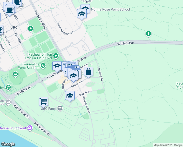 map of restaurants, bars, coffee shops, grocery stores, and more near 5681 Birney Avenue in University Endowment Lands