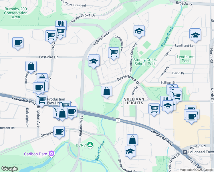 map of restaurants, bars, coffee shops, grocery stores, and more near 3337 Ganymede Drive in Burnaby