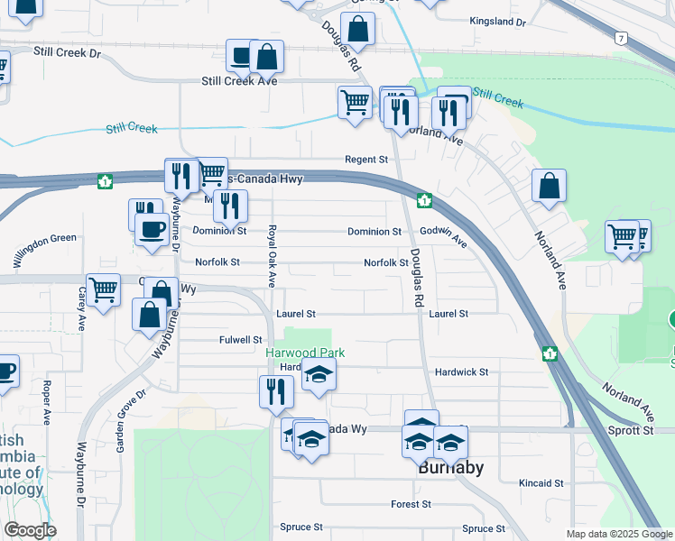 map of restaurants, bars, coffee shops, grocery stores, and more near 5408 Norfolk Street in Burnaby