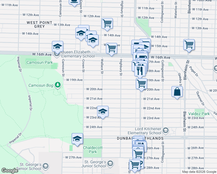 map of restaurants, bars, coffee shops, grocery stores, and more near 3863 West 20th Avenue in Vancouver