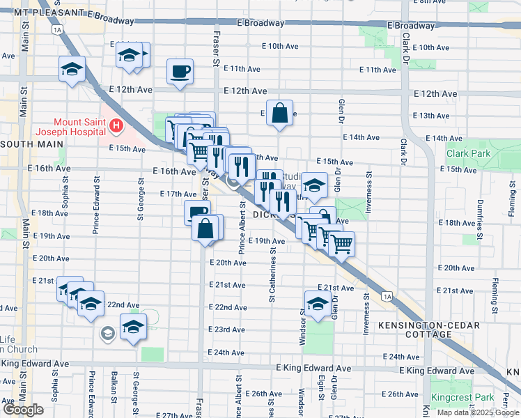 map of restaurants, bars, coffee shops, grocery stores, and more near 868 Kingsway in Vancouver