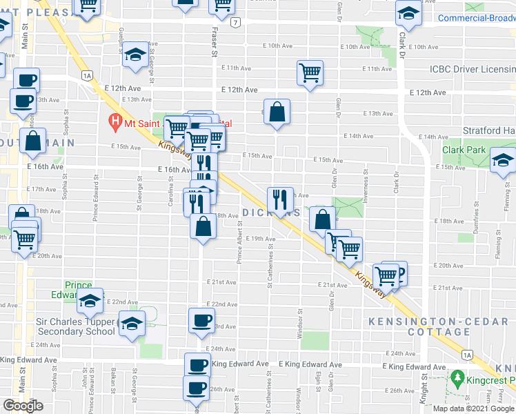 map of restaurants, bars, coffee shops, grocery stores, and more near 868 Kingsway in Vancouver