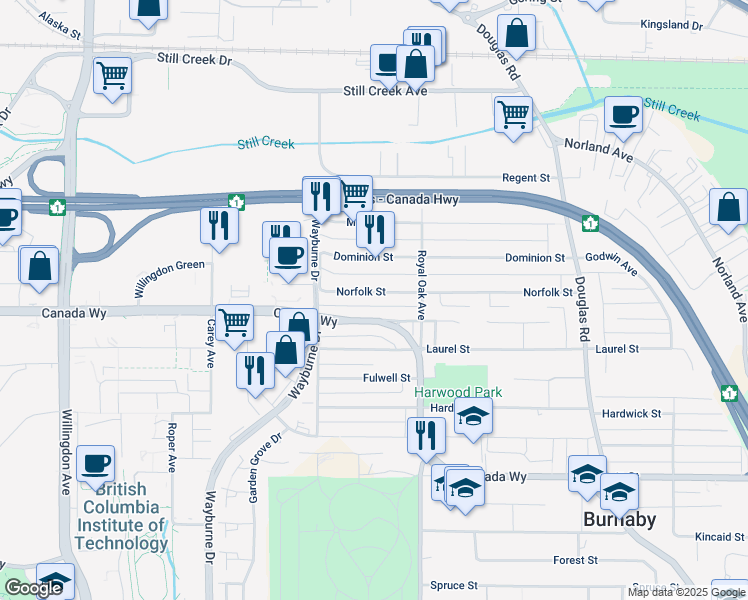 map of restaurants, bars, coffee shops, grocery stores, and more near 5078 Norfolk Street in Burnaby