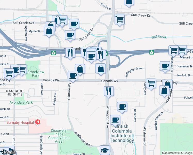 map of restaurants, bars, coffee shops, grocery stores, and more near 4406 Norfolk Street in Burnaby