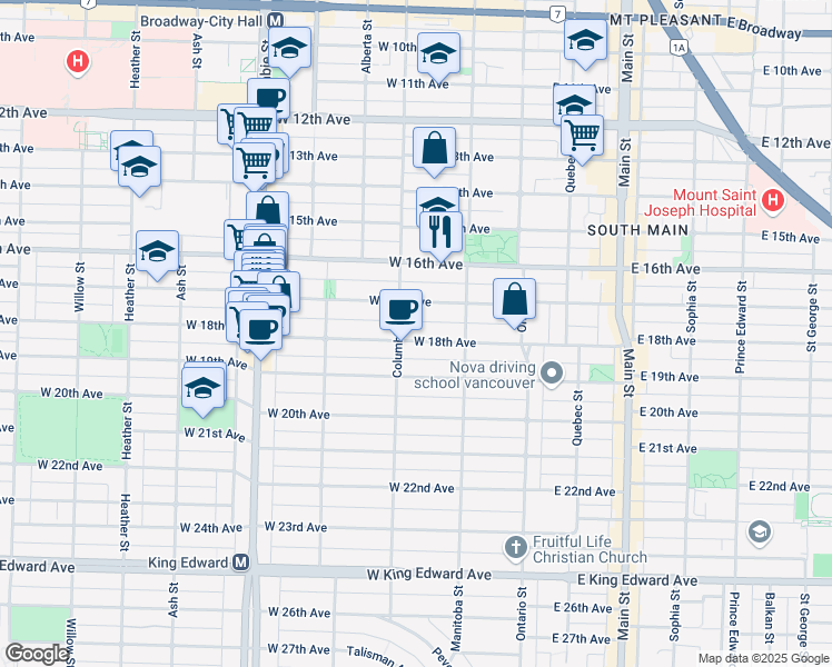 map of restaurants, bars, coffee shops, grocery stores, and more near 179 West 18th Avenue in Vancouver
