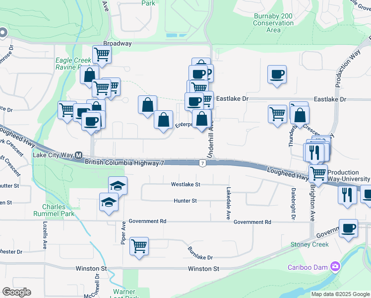 map of restaurants, bars, coffee shops, grocery stores, and more near 8040 Enterprise Street in Burnaby