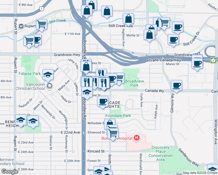 map of restaurants, bars, coffee shops, grocery stores, and more near in Burnaby