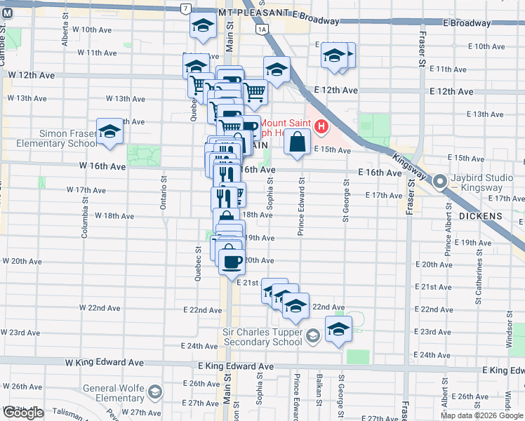map of restaurants, bars, coffee shops, grocery stores, and more near 283 East 18th Avenue in Vancouver